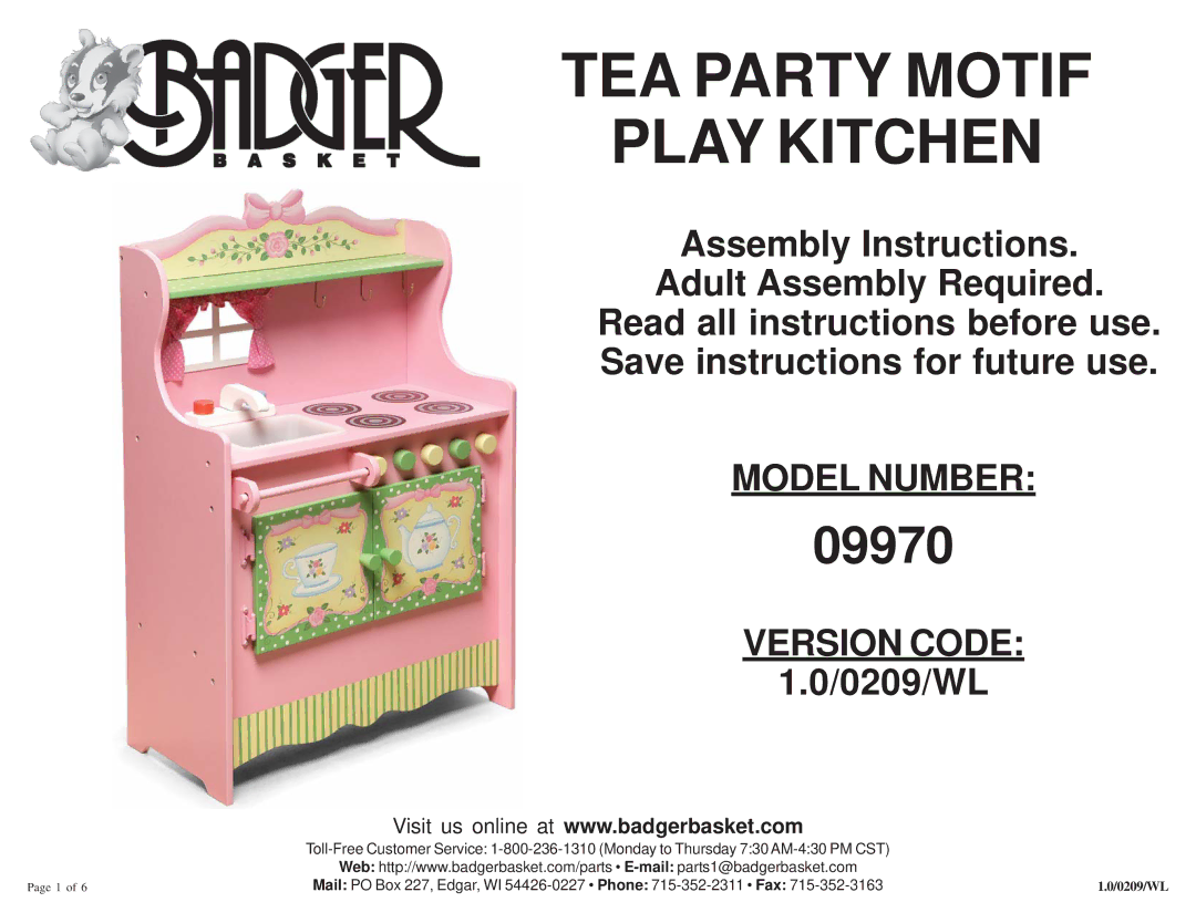 Badger Basket 09970 manual TEA Party Motif Play Kitchen 