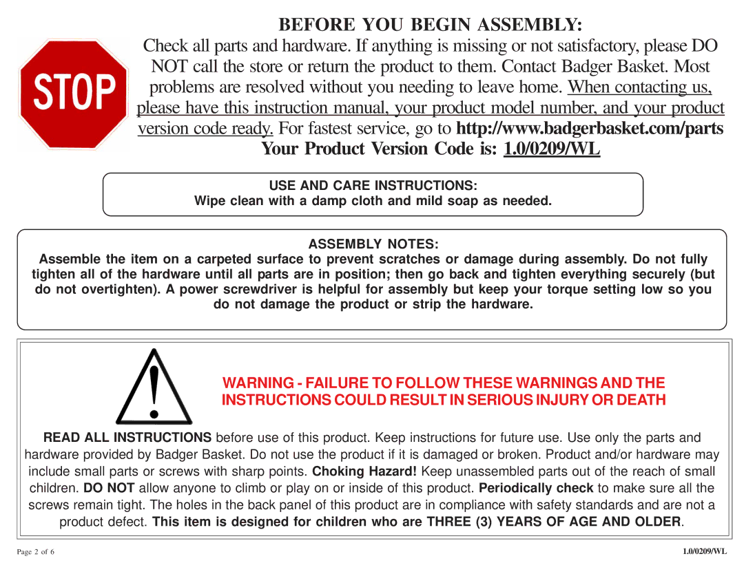 Badger Basket 09970 manual Before YOU Begin Assembly 