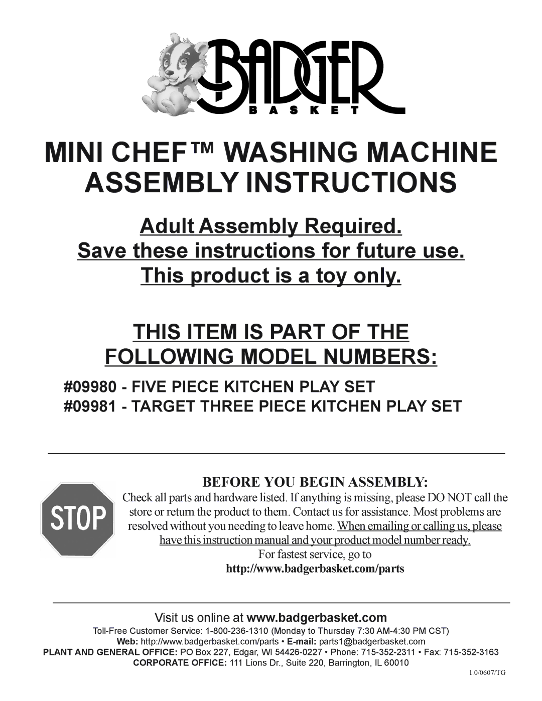 Badger Basket 09981, 09980 instruction manual Mini Chef Washing Machine Assembly Instructions, Before YOU Begin Assembly 