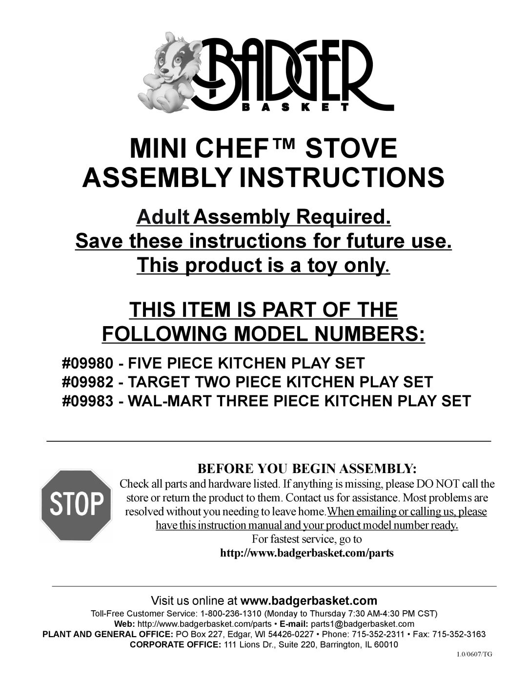 Badger Basket 09982, 09983 instruction manual Mini Chef Stove Assembly Instructions, Adult Assembly Required 