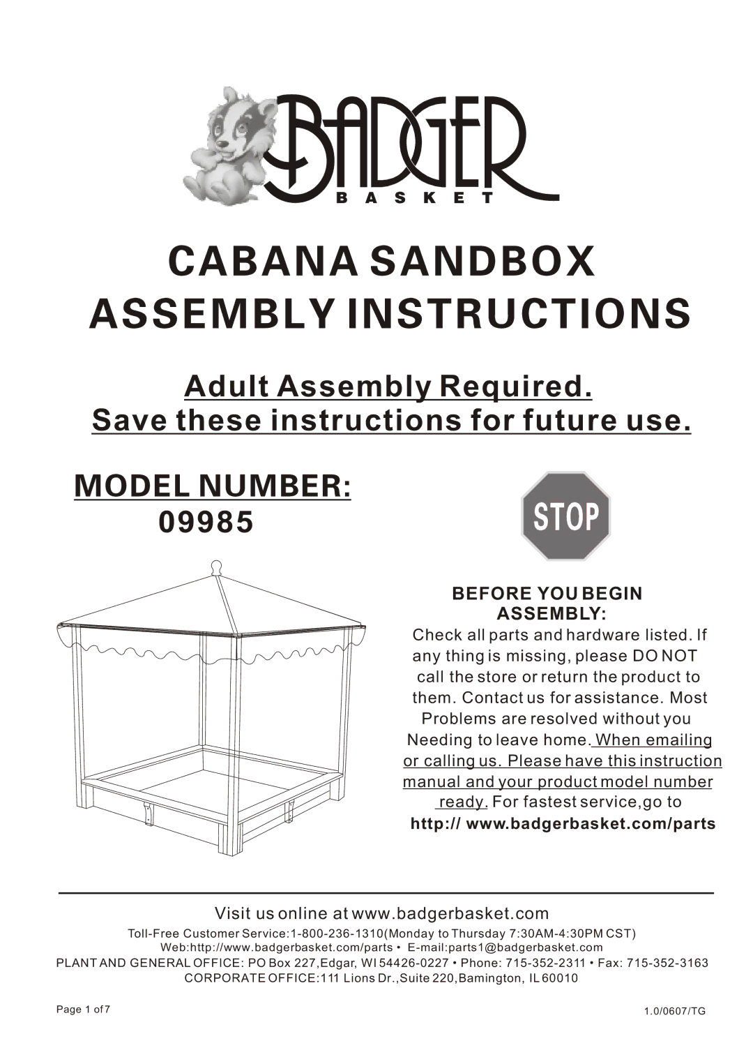 Badger Basket 09985 instruction manual Before YOU Begin Assembly 