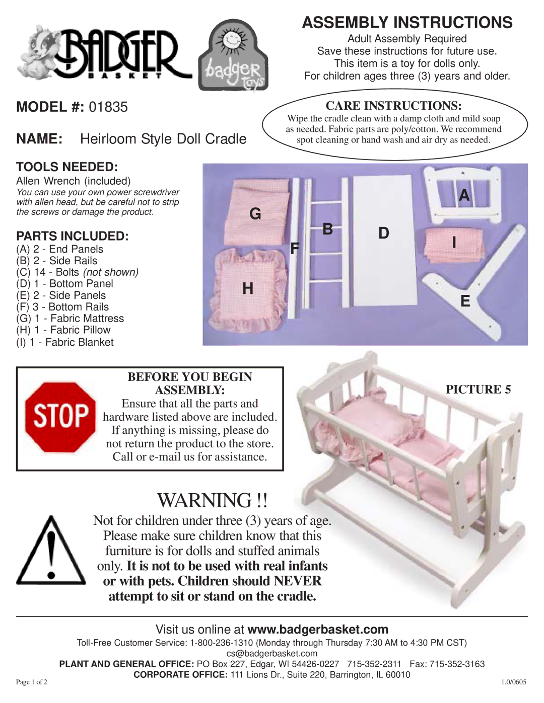 Badger Basket 1835 manual Assembly Instructions, Care Instructions, Before YOU Begin Assembly, Picture 