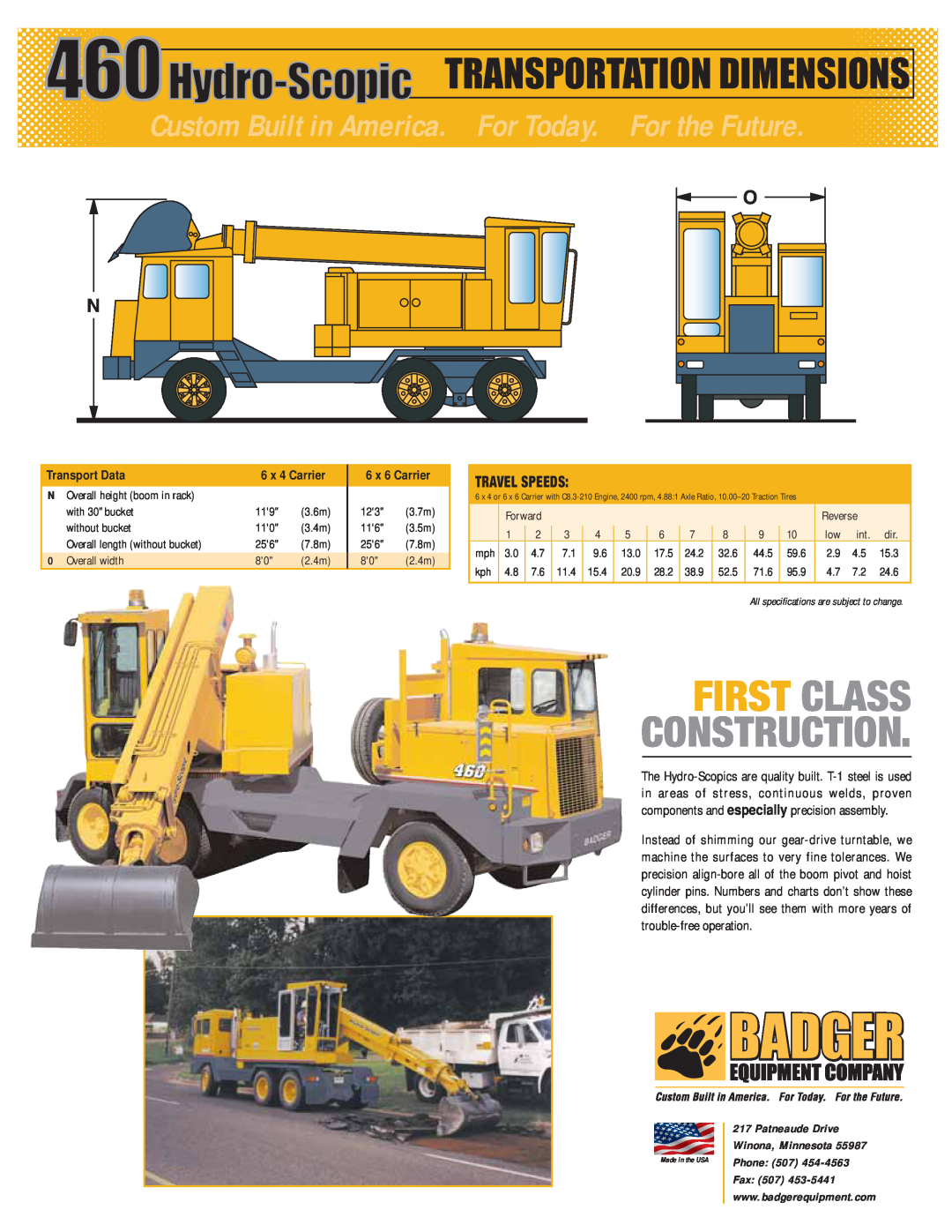 Badger Basket 460 specifications Transportation Dimensions, Construction, First Class, Travel Speeds, Patneaude Drive 