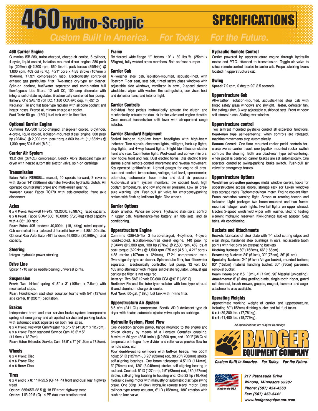 Badger Basket 460 specifications Specifications 