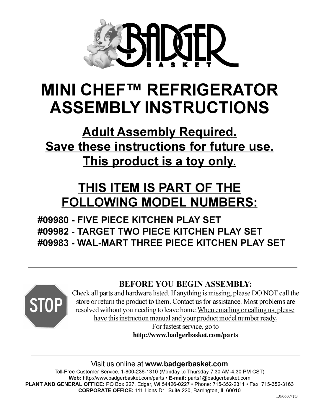 Badger Basket 9983, 9982, 9980 instruction manual Mini Chef Refrigerator Assembly Instructions, Adult Assembly Required 