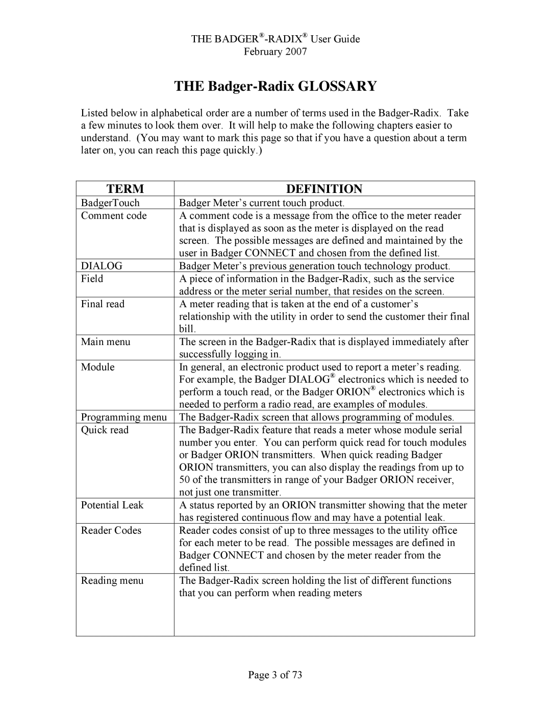 Badger Basket N64944-001, RAD-IOM-01 operation manual Badger-Radix Glossary 