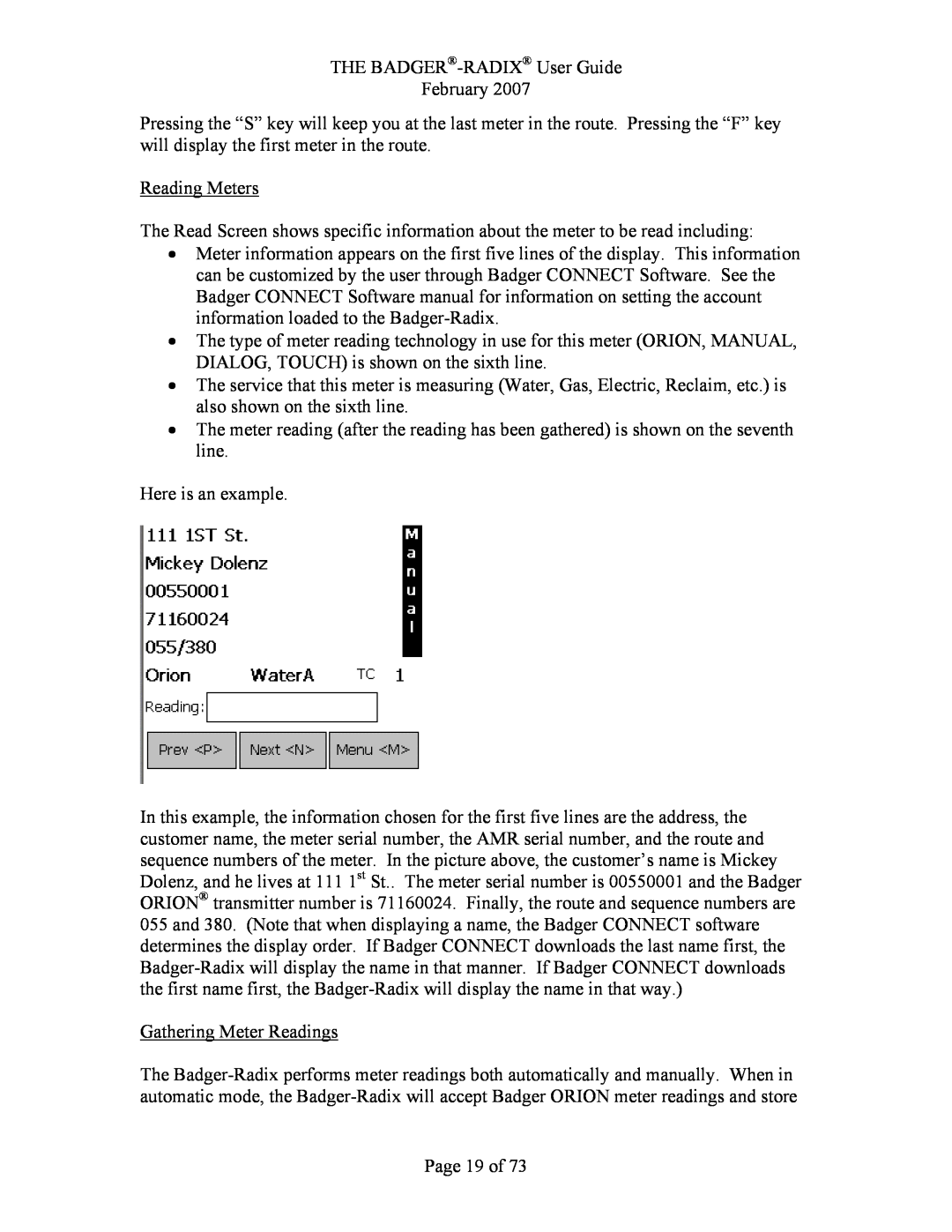 Badger Basket N64944-001, RAD-IOM-01 Reading Meters, Here is an example, Gathering Meter Readings, Page 19 of 