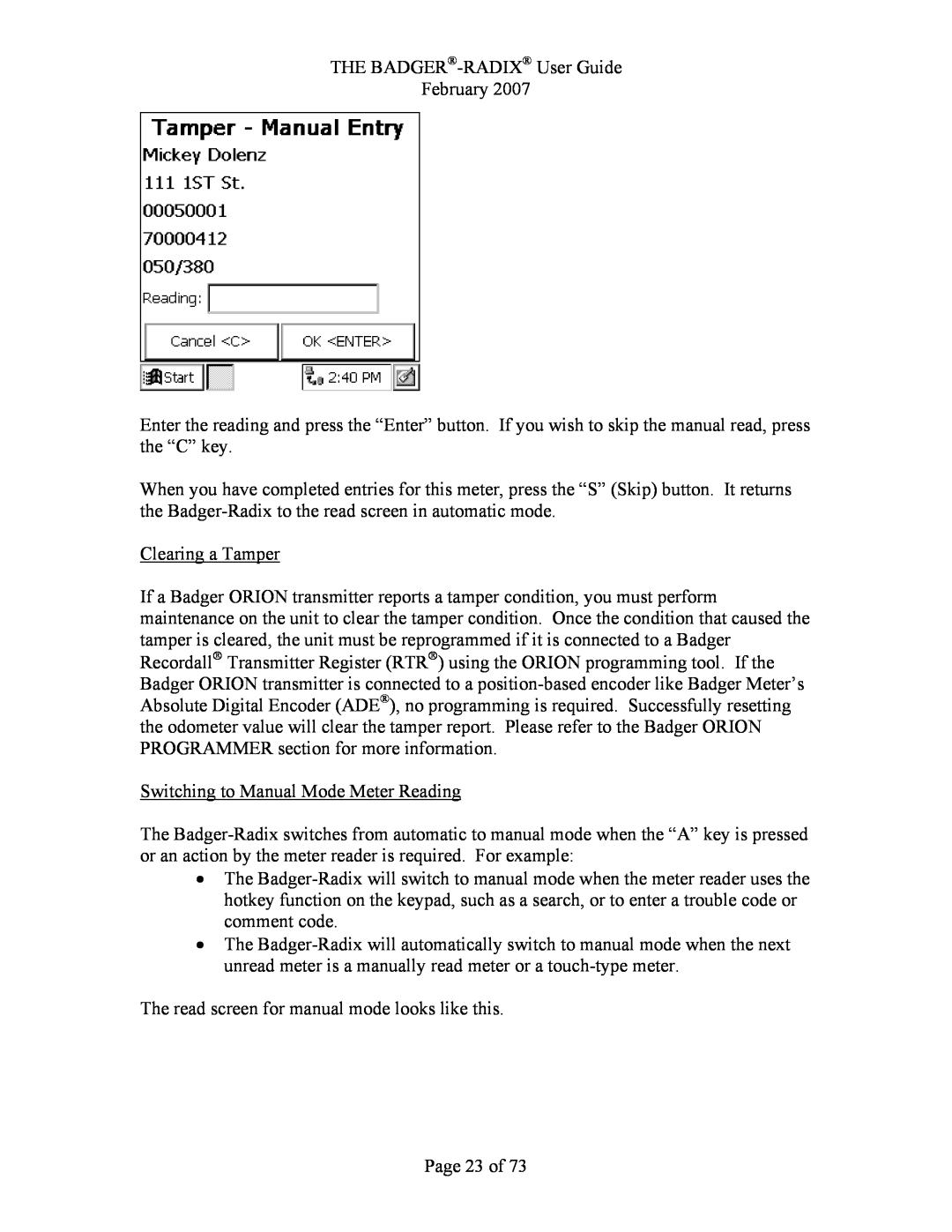 Badger Basket N64944-001, RAD-IOM-01 operation manual Clearing a Tamper, Switching to Manual Mode Meter Reading, Page 23 of 
