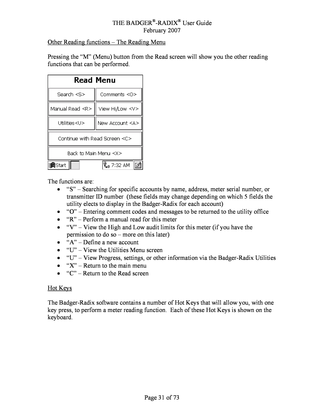 Badger Basket N64944-001, RAD-IOM-01 Other Reading functions - The Reading Menu, The functions are, Hot Keys, Page 31 of 