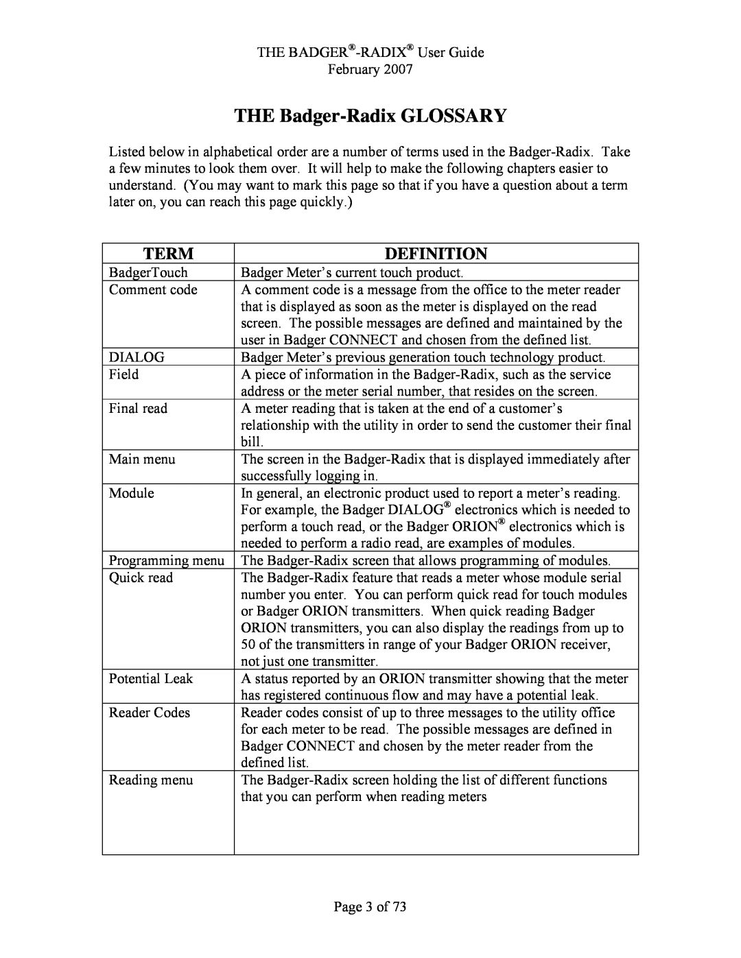 Badger Basket N64944-001, RAD-IOM-01 operation manual THE Badger-Radix GLOSSARY, Term, Definition 