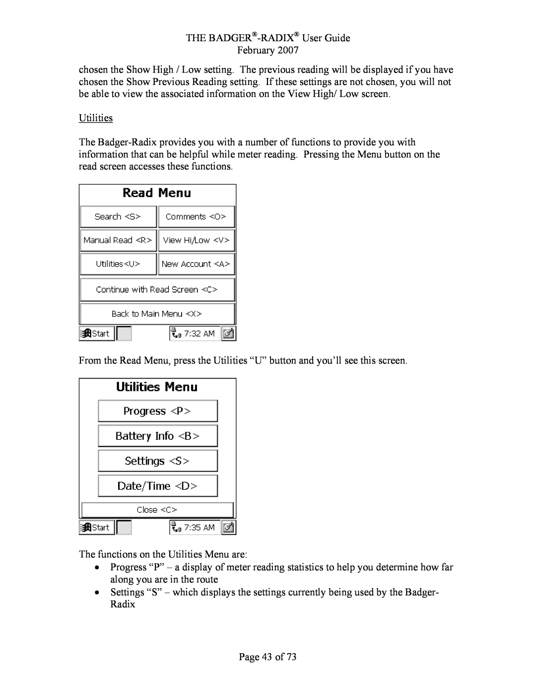 Badger Basket N64944-001 The functions on the Utilities Menu are, Page 43 of, THE BADGER-RADIX User Guide February 