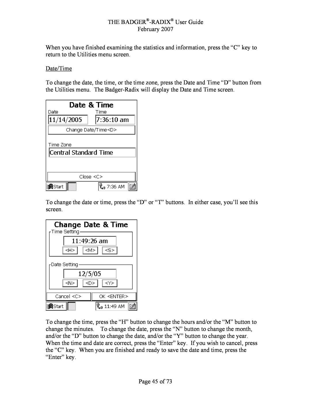 Badger Basket N64944-001, RAD-IOM-01 operation manual Date/Time, Page 45 of, THE BADGER-RADIX User Guide February 