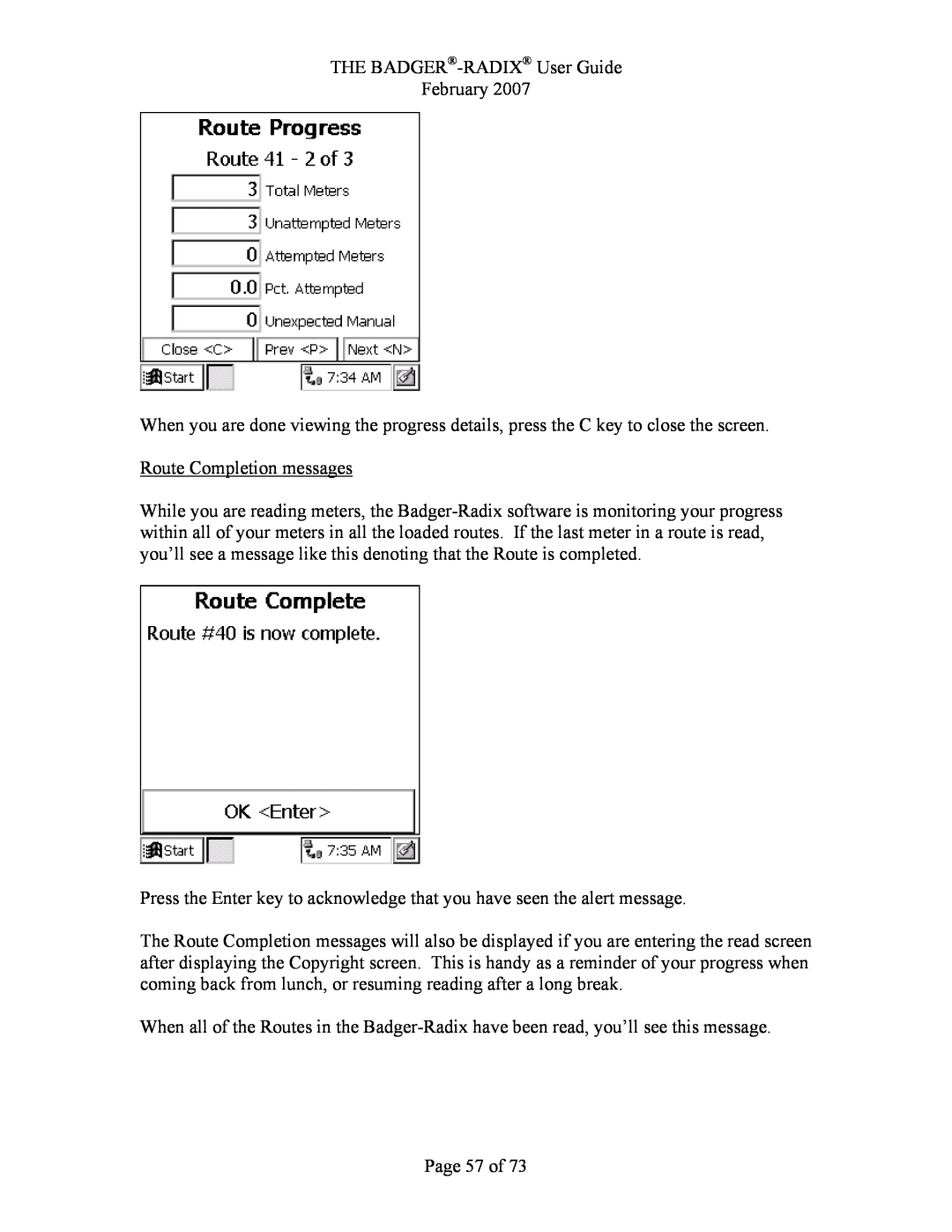Badger Basket N64944-001, RAD-IOM-01 Route Completion messages, Page 57 of, THE BADGER-RADIX User Guide February 