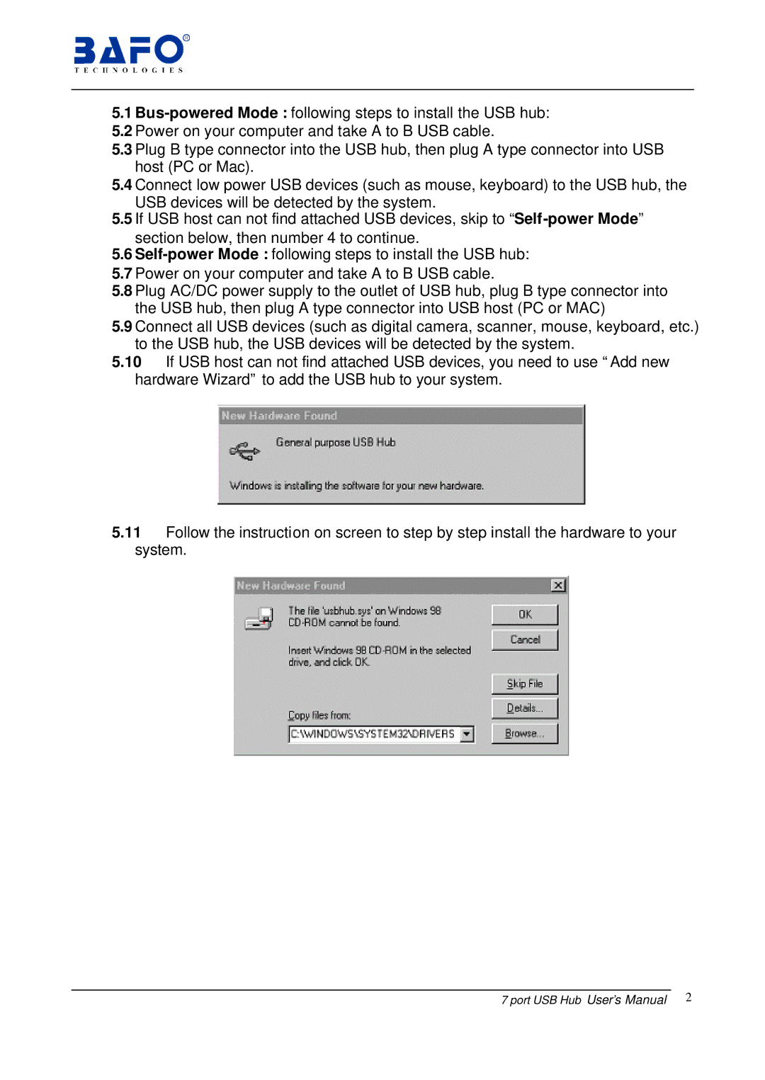 Bafo Technologies BF-700 user manual Port USB Hub User’s Manual 