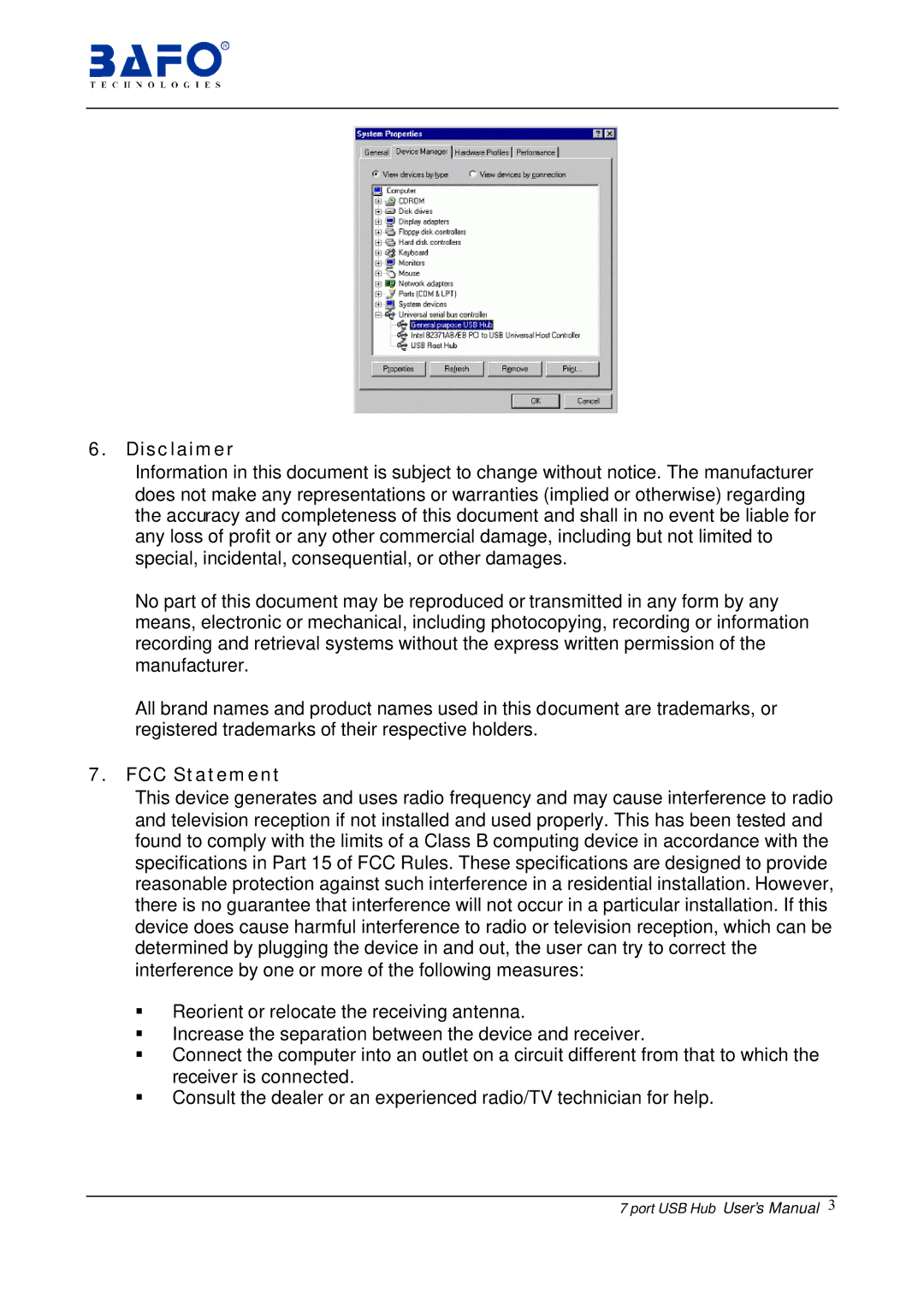 Bafo Technologies BF-700 user manual Disclaimer, FCC Statement 