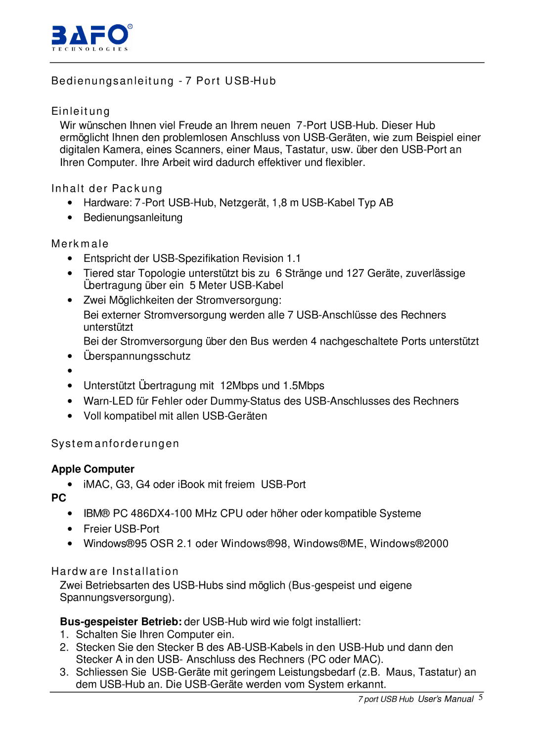 Bafo Technologies BF-700 user manual Bedienungsanleitung 7 Port USB-Hub Einleitung, Inhalt der Packung, Merkmale 