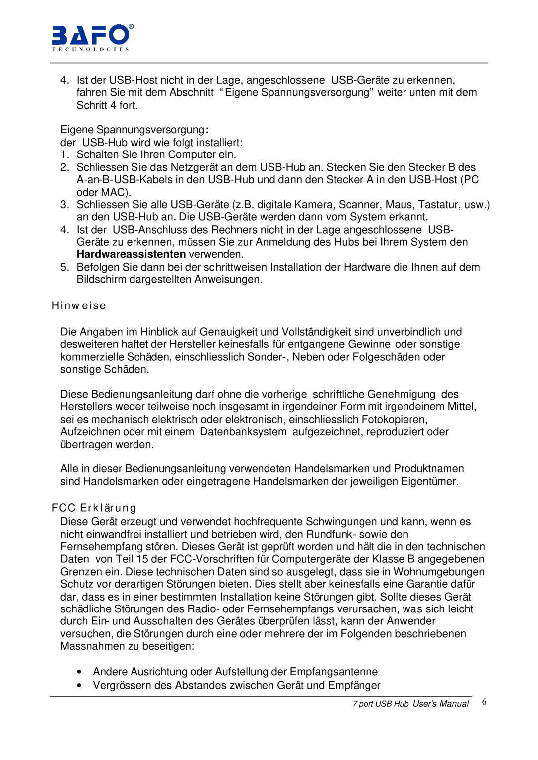 Bafo Technologies BF-700 user manual Hinweise, FCC Erklärung 