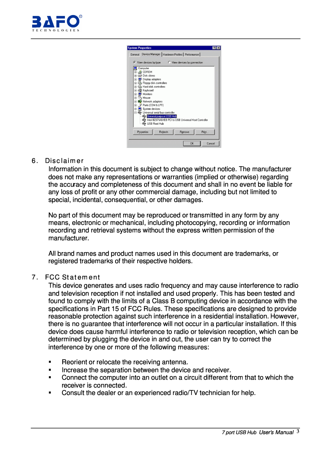 Bafo Technologies BF-700 user manual Disclaimer, FCC Statement 