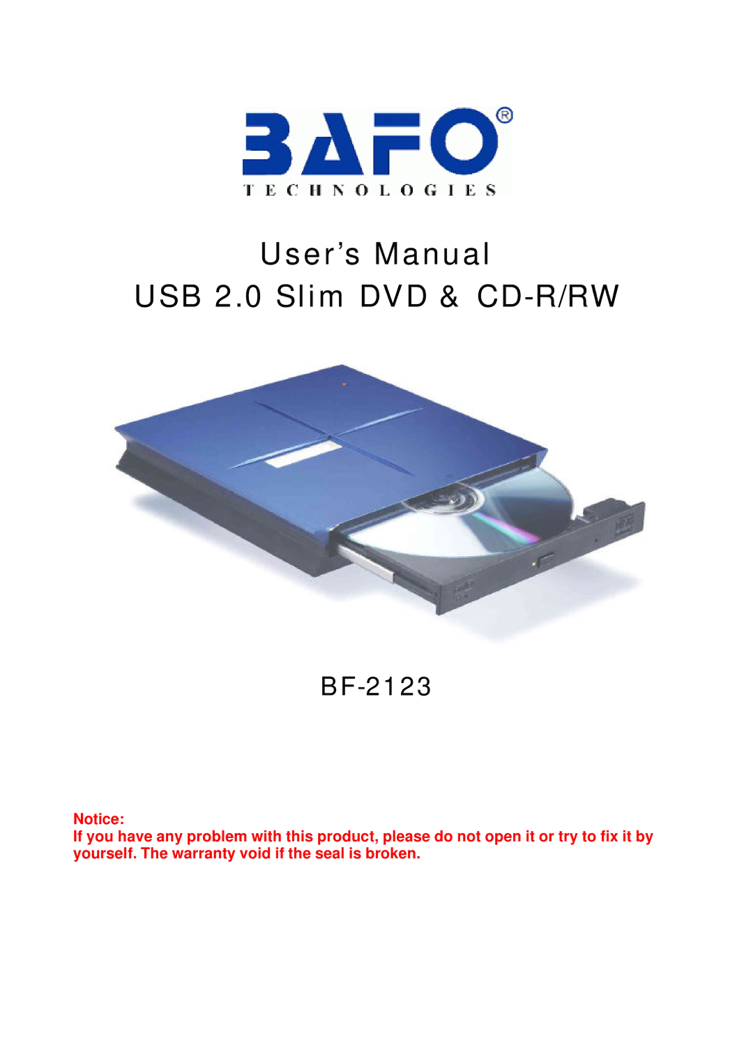 Bafo Technologies user manual User’s Manual USB 2.0 Slim DVD & CD-R/RW 