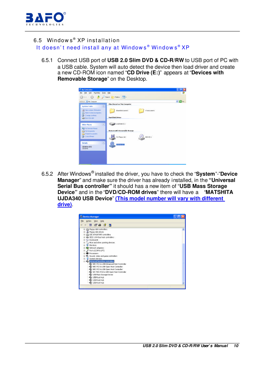 Bafo Technologies USB 2.0 user manual Windows XP installation, It doesn’t need install any at Windows Windows XP 