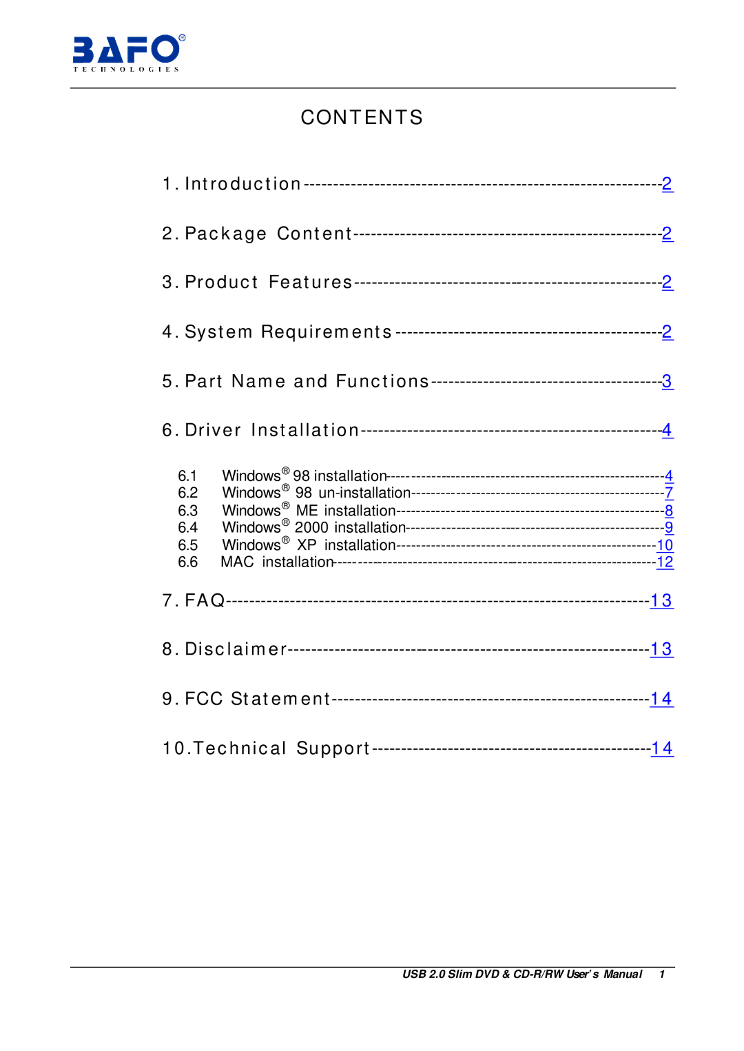 Bafo Technologies USB 2.0 user manual Contents 