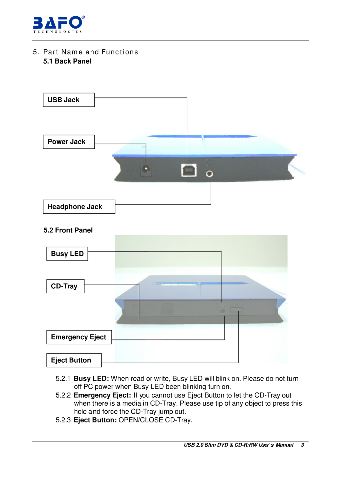 Bafo Technologies user manual USB 2.0 Slim DVD & CD-R/RW User’s Manual 