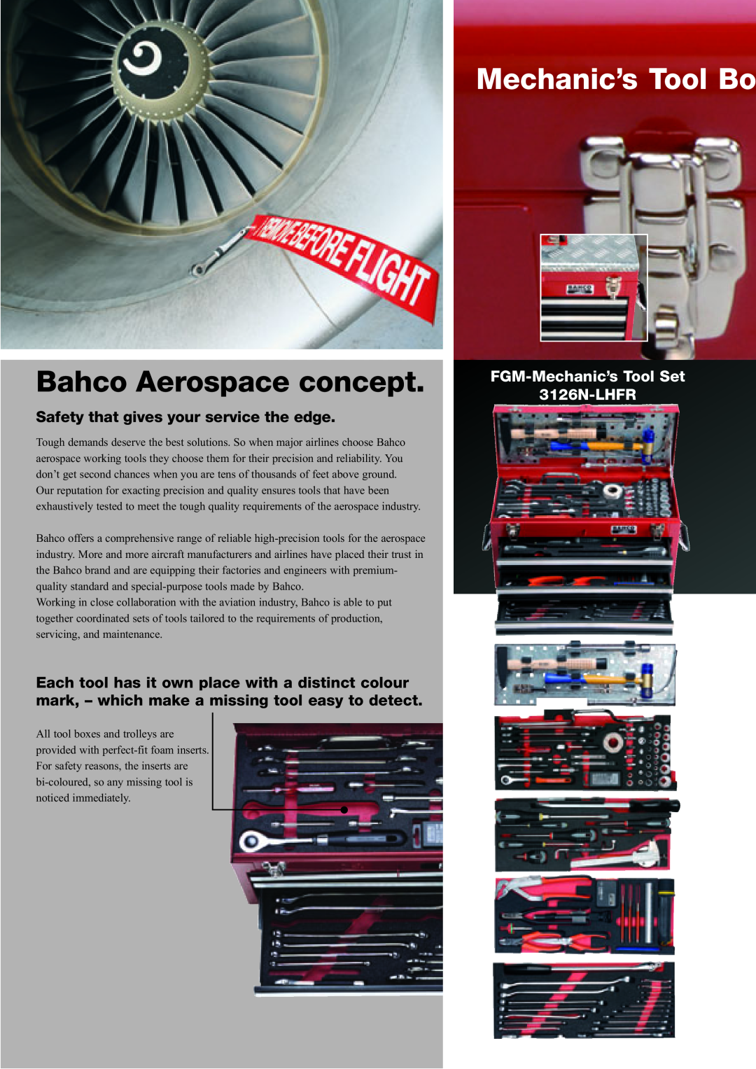 Bahco 3126N-LHFR manual Bahco Aerospace concept, Mechanic’s Tool Bo, Safety that gives your service the edge 