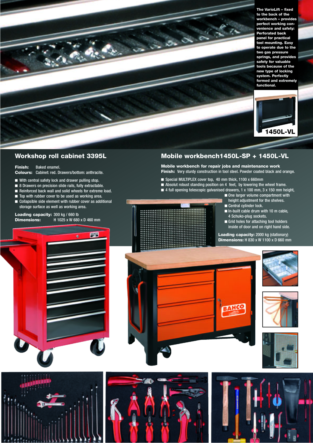 Bahco 3126N-LHFR Workshop roll cabinet 3395L, Mobile workbench1450L-SP + 1450L-VL, Loading capacity 300 kg / 660 lb 