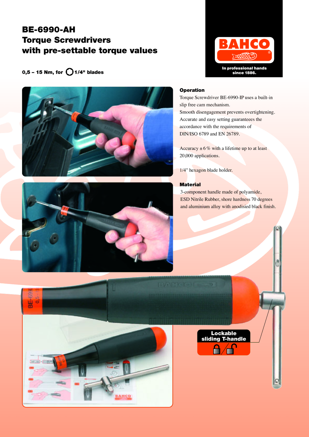 Bahco BE-6990-AH manual Lockable Sliding T-handle, 15 Nm, for 1/4 blades Operation, Material 