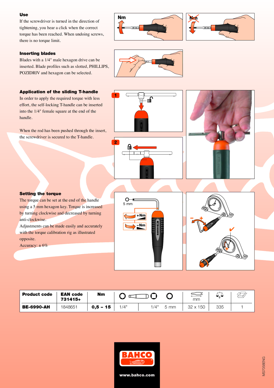 Bahco BE-6990-AH manual Use, Inserting blades, Application of the sliding T-handle, Setting the torque 