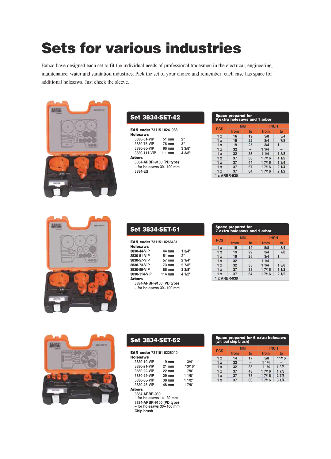 Bahco Holesaw Sets manual Sets for various industries, Set 3834-SET-42, Set 3834-SET-61, Set 3834-SET-62 