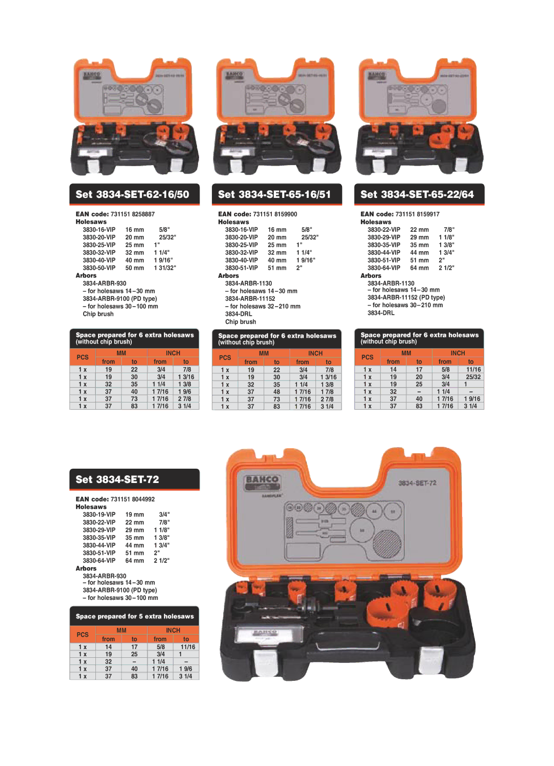 Bahco Holesaw Sets manual Set 3834-SET-62-16/50, Set 3834-SET-65-16/51, Set 3834-SET-65-22/64, Set 3834-SET-72 