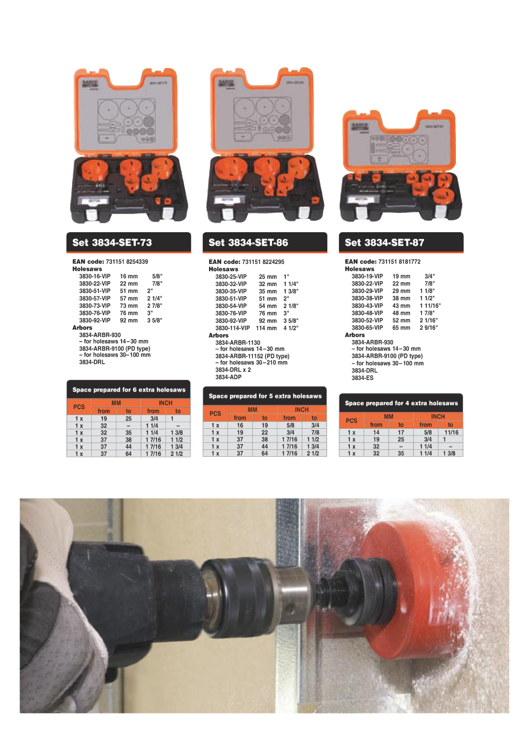 Bahco Holesaw Sets manual Set 3834-SET-73, Set 3834-SET-86, Set 3834-SET-87 