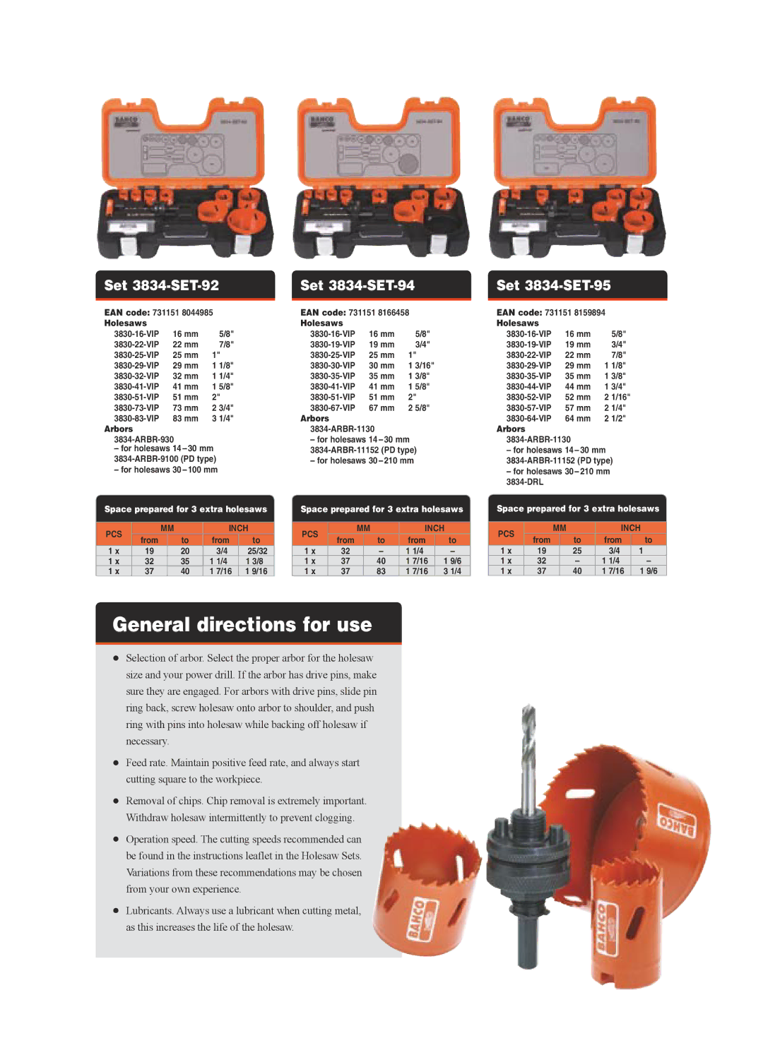 Bahco Holesaw Sets manual Set 3834-SET-92, Set 3834-SET-94, Set 3834-SET-95 