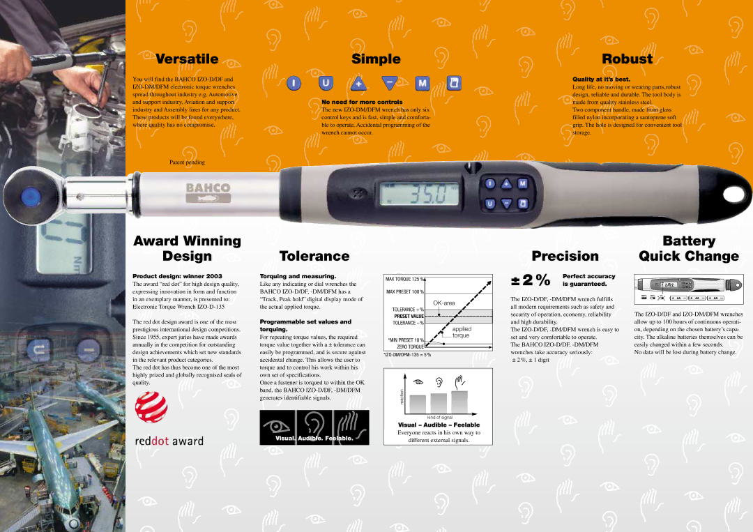 Bahco IZO-DFM, IZO-DM manual Versatile, Simple, Robust, Award Winning Design, Tolerance, Precision, Battery Quick Change 