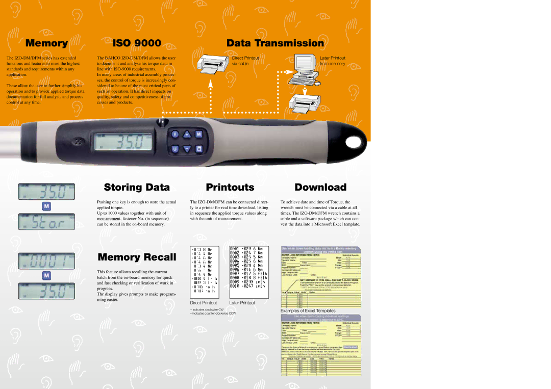 Bahco IZO-DM, IZO-DFM manual ISO Data Transmission, Storing Data Printouts Download, Memory Recall 