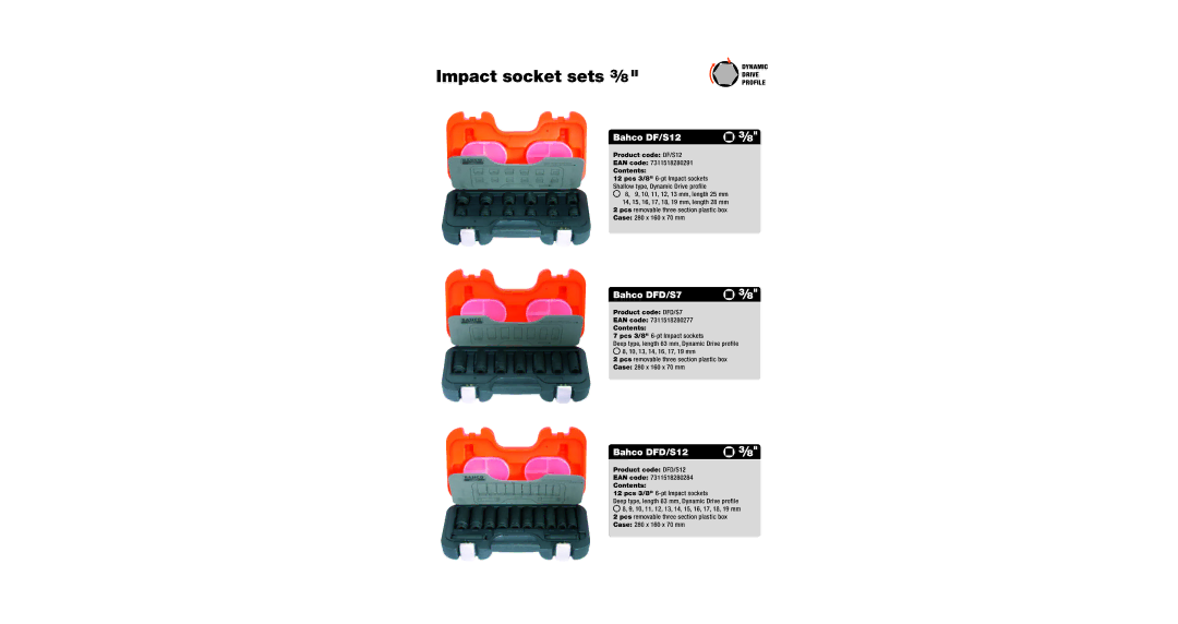 Bahco MS7056ENG manual Impact socket sets, Bahco DF/S12, Bahco DFD/S7, Bahco DFD/S12 