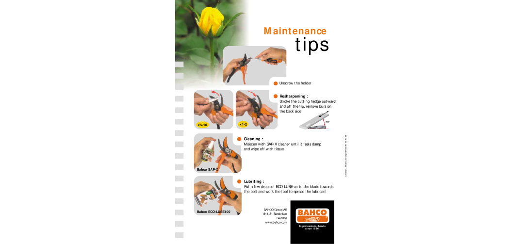 Bahco PX-Rose manual tips, Maintenance, Resharpening, Cleaning, Lubrifing 