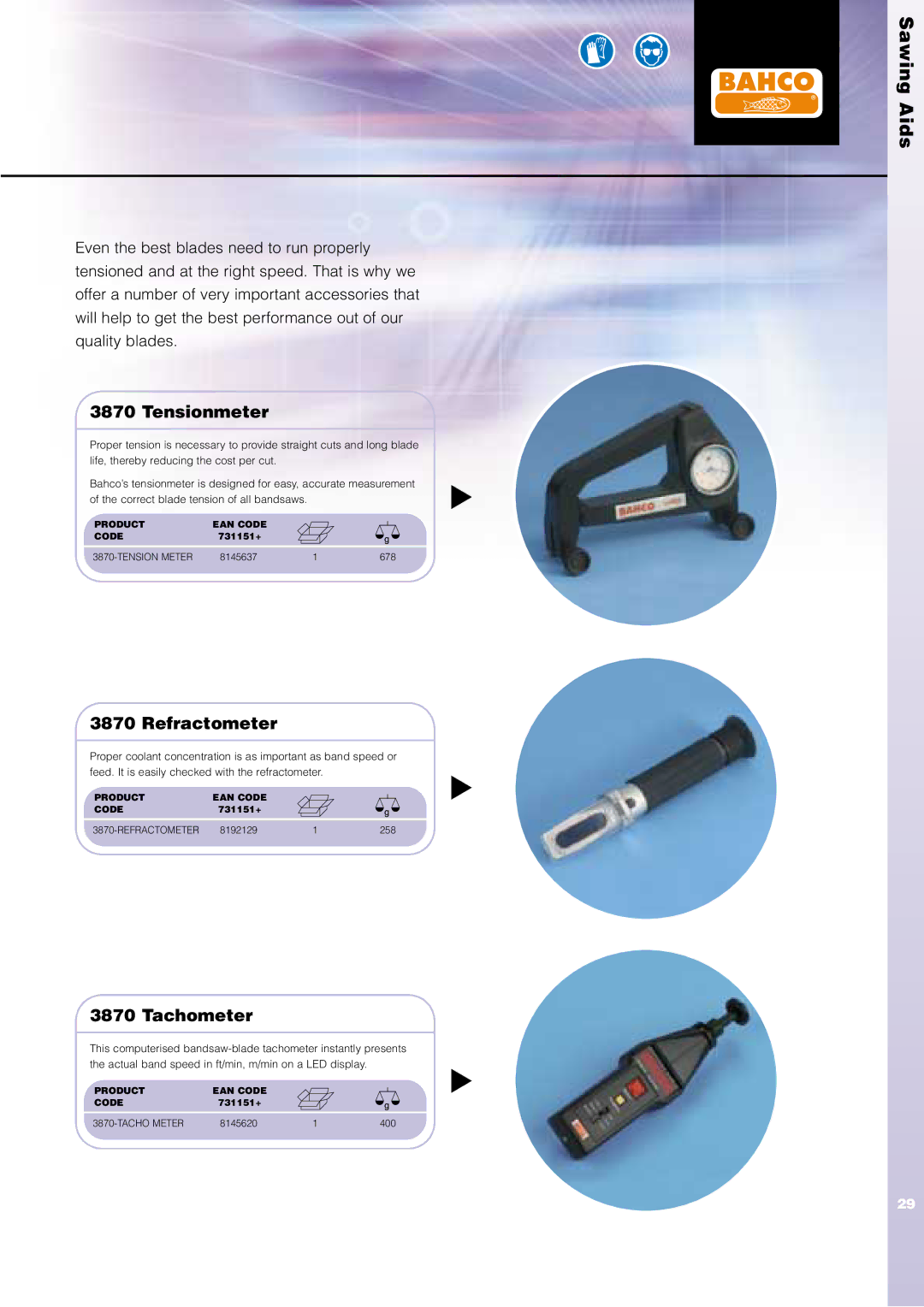 Bahco manual Sawing Aids, Tensionmeter, Refractometer, Tachometer 