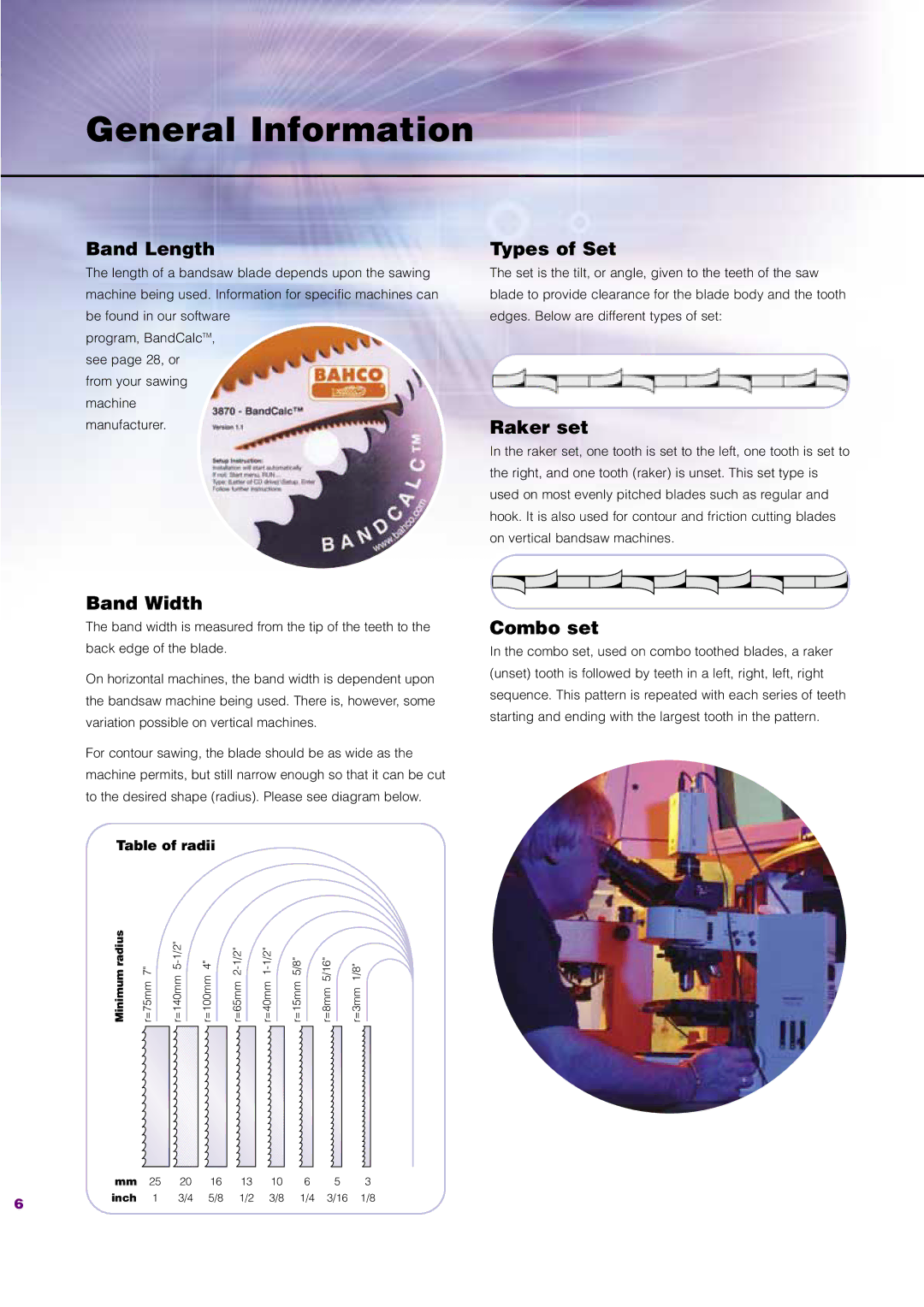 Bahco Saw manual General Information, Band Length Types of Set, Band Width, Raker set, Combo set 