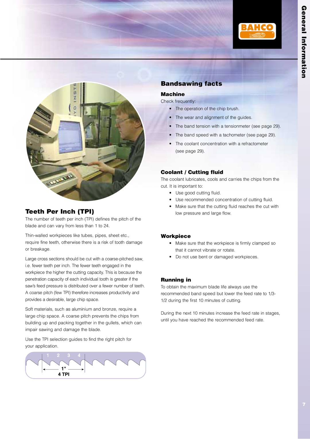 Bahco Saw manual Teeth Per Inch TPI, Bandsawing facts, General Information 