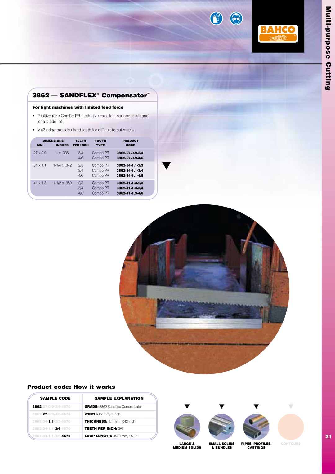 Bahco Saw manual SANDFLEX Compensator, Multi-purpose Cutting, For light machines with limited feed force, Sample Code 