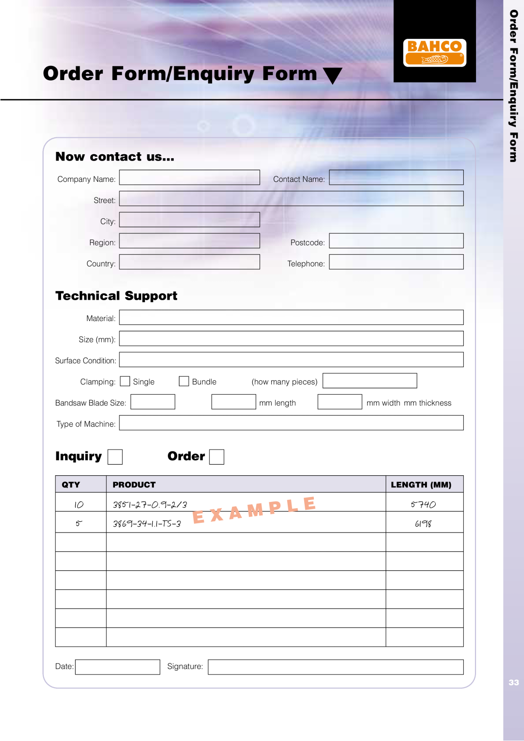 Bahco Saw manual Order Form/Enquiry Form, Now contact us…, Technical Support, Inquiry, Product, Length Mm 