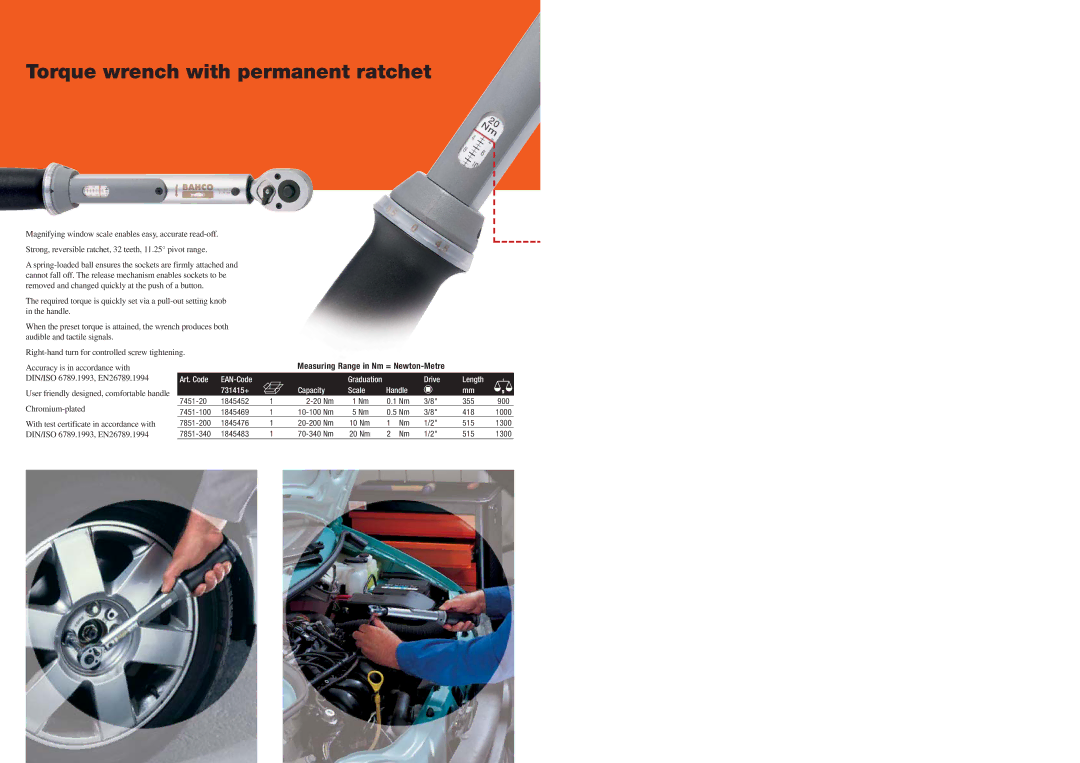 Bahco Torque Wrench Torque wrench with permanent ratchet, Art. Code EAN-Code, Drive Length 731415+ Capacity Scale Handle 