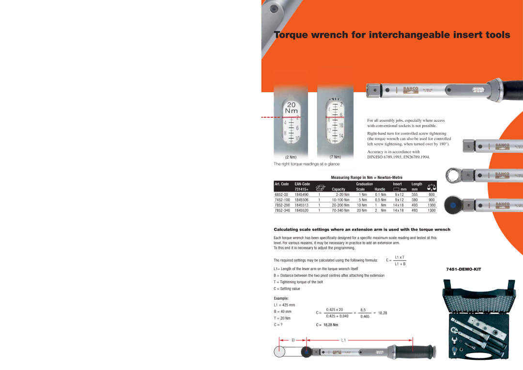 Bahco Torque Wrench manual Torque wrench for interchangeable insert tools, Length 731415+ Capacity Scale Handle 