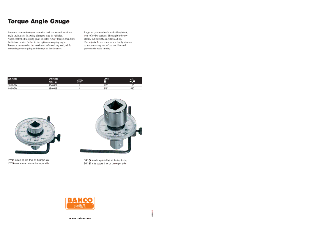 Bahco Torque Wrench manual Torque Angle Gauge, Art.-Code EAN-Code Drive 731415+ 