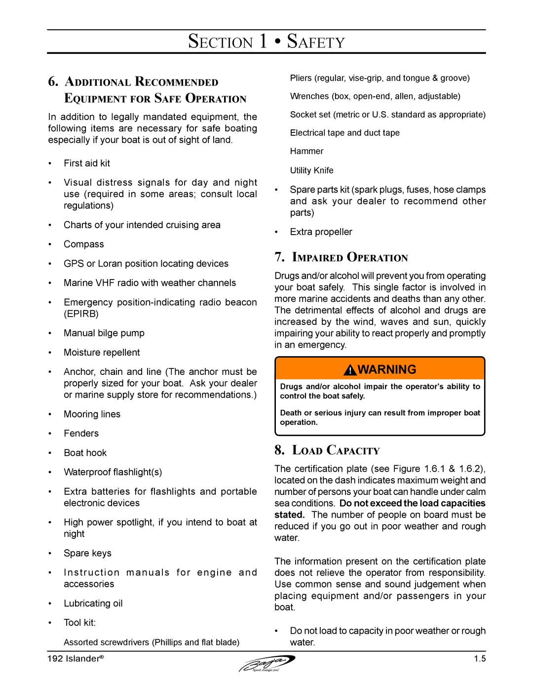 Baja Marine 192 Islander manual Additional Recommended Equipment for Safe Operation, Impaired Operation, Load Capacity 