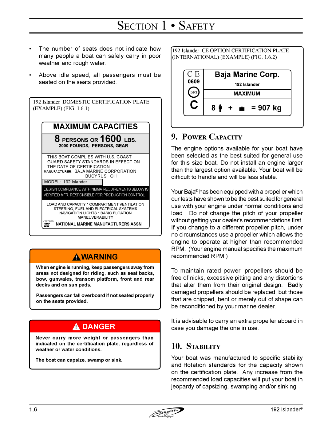 Baja Marine 192 Islander manual Power Capacity, Stability 