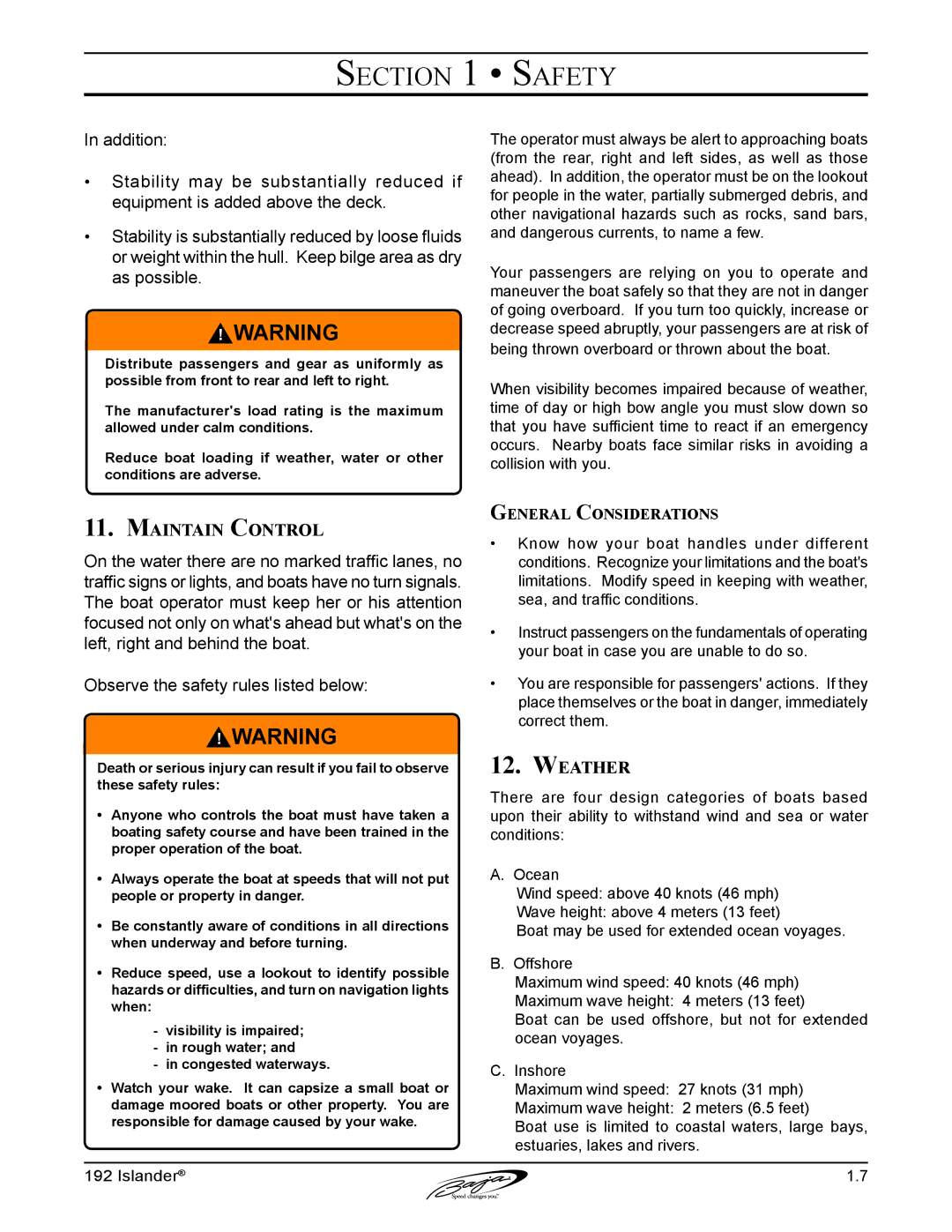 Baja Marine 192 Islander manual Maintain Control, Weather, General Considerations 