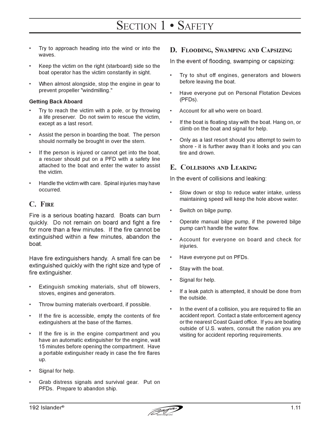 Baja Marine 192 Islander manual Fire, Flooding, Swamping and Capsizing, Collisions and Leaking 